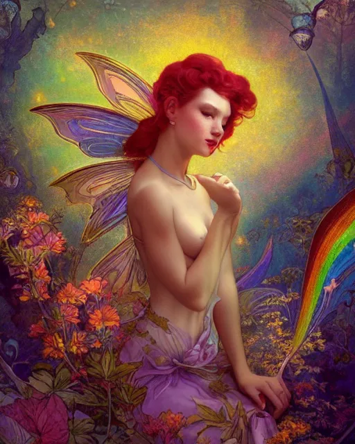 Image similar to a beautiful fairy in a morning dreamland, coherent design, symmetrical, vivid color, complementary color, golden ratio, detailed, sharp lines, intricate, rainbowshift, by james gurney, by brian froud, by peter mohrbacher, by alphonse mucha, by maxfield parrish, by karol bak, deviantart, octane render