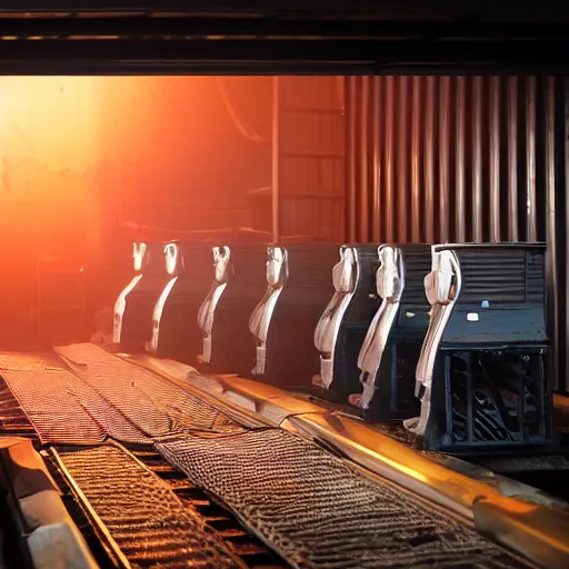 Image similar to line of toaster oven mecha heads on conveyor belt, dark messy smoke - filled cluttered workshop, dark, dramatic lighting, orange tint, sparks, cinematic, highly detailed, sci - fi, futuristic, movie still