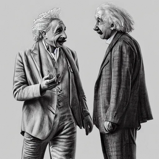 Image similar to Einstein and Newton speaks each other on a topic, pencil drawing, ultra detailed, octane render