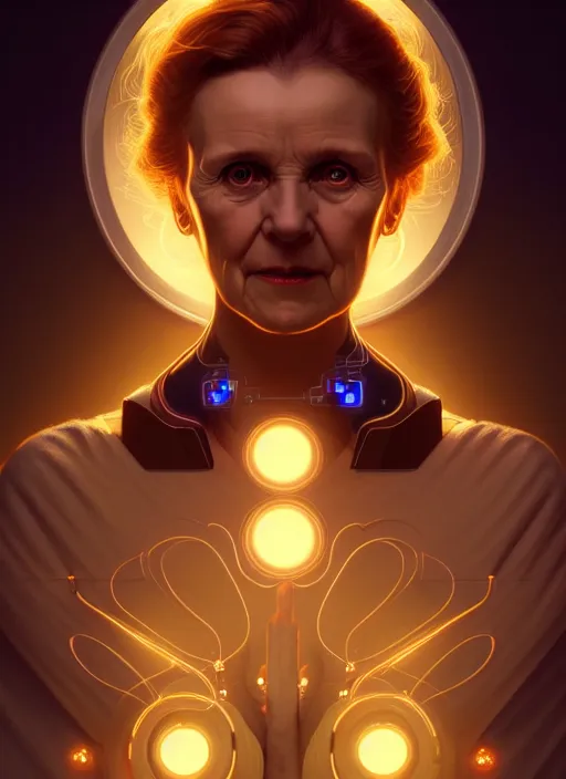 Image similar to symmetry!! portrait of marie curie female, sci - fi, glowing lights!! intricate, elegant, highly detailed, digital painting, artstation, concept art, smooth, sharp focus, illustration, art by artgerm and greg rutkowski and alphonse mucha, 8 k