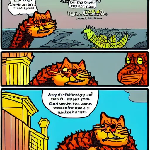 Prompt: english garfield comic, garfield fights godzilla