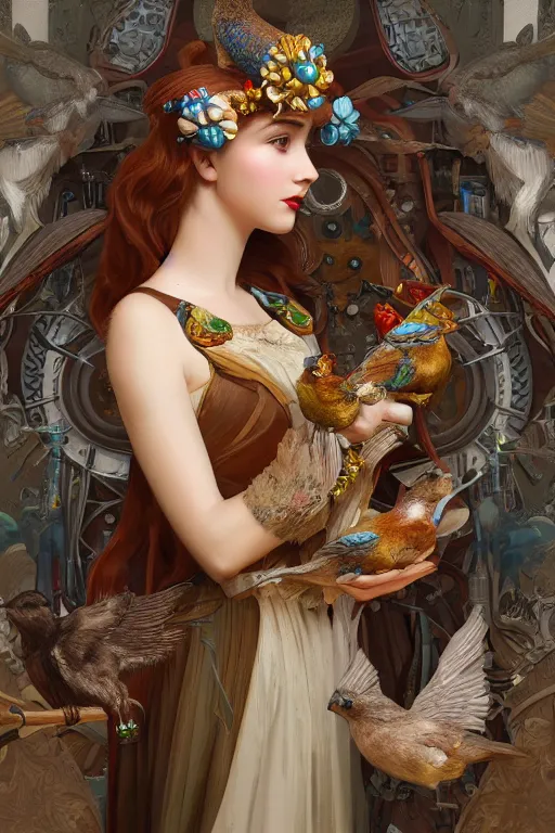 Image similar to zoom in 3 d render of english princess holding birds, ornaments, mechanical parts, mucha vibe, dieselpunk, solarpunk, artstation, andrei riabovitchev