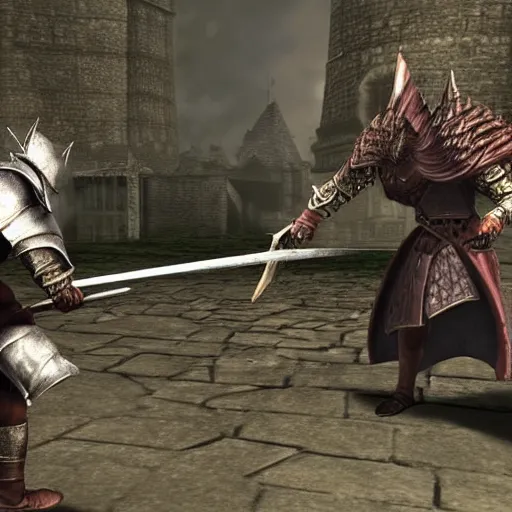 Image similar to 2 lords from dark souls having a battle
