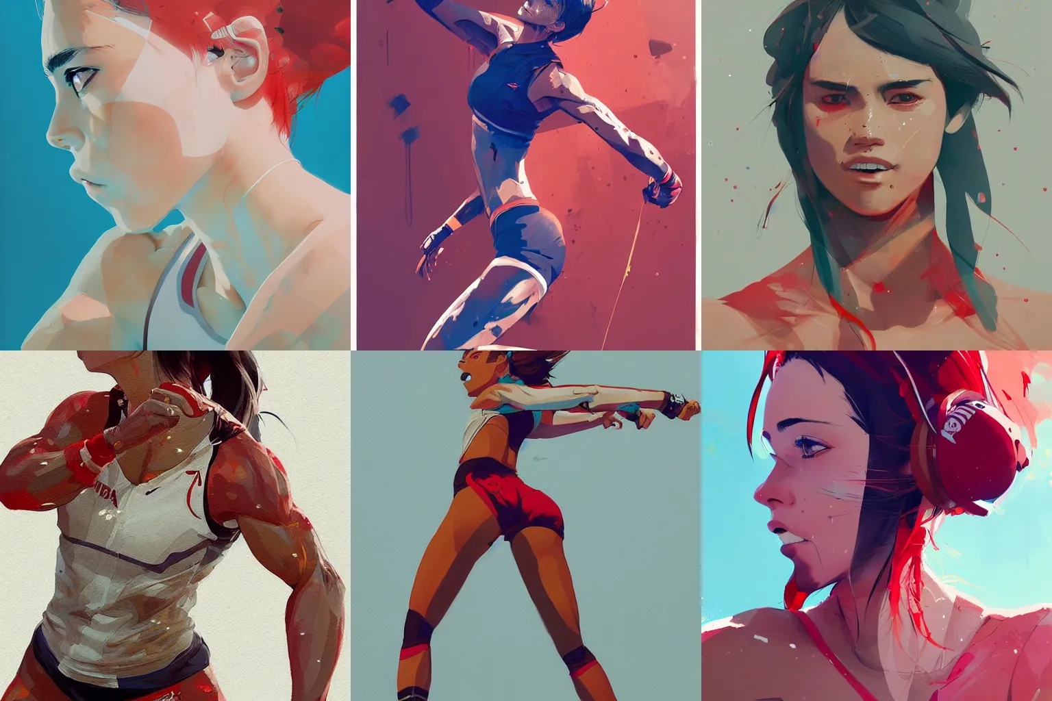 Prompt: a ultra detailed beautiful painting of a cute woman athlete, sports setting, by conrad roset, greg rutkowski and makoto shinkai, trending on artstation, 8 k