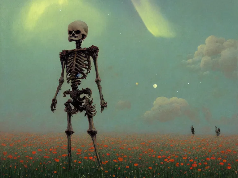 Image similar to a detailed profile illustration of skelleton standing in a field of flowers, aurora lighting clouds and stars by beksinski carl spitzweg and tuomas korpi. intricate artwork by moebius. Trending on artstation. 8k