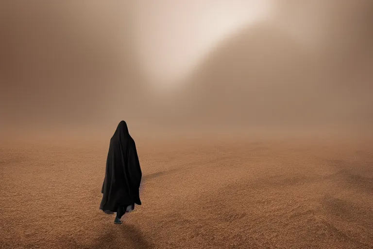 Image similar to mysterious figure in striking cloak walking through sandstorm in desolate desert, buried city, global illumination, hyper - realistic, insanely detailed and intricate, cinematic 8 k