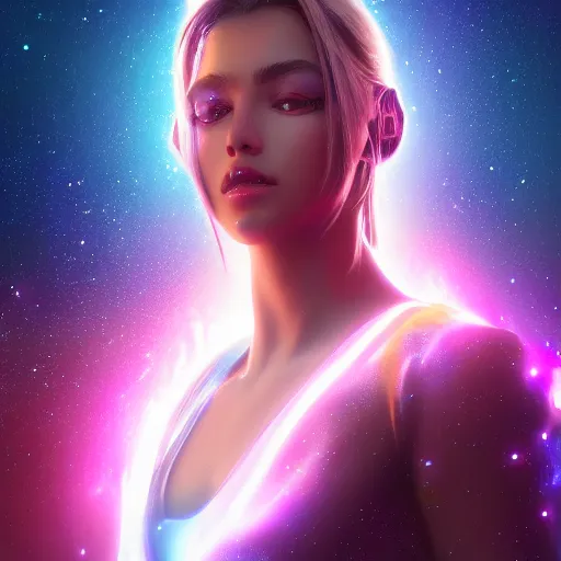 Image similar to beautiful girl galaxy background, portrait character concept style trending on artstation concept art detailed octane render cinematic photo - realistic 8 k high detailed