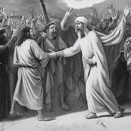 Prompt: photo of the jewish messiah welcoming the redeemed at the gates of heaven