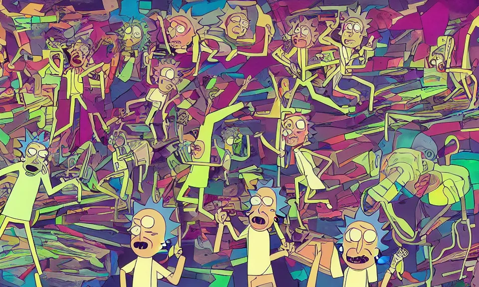 Prompt: abstract art of rick and morty, collage