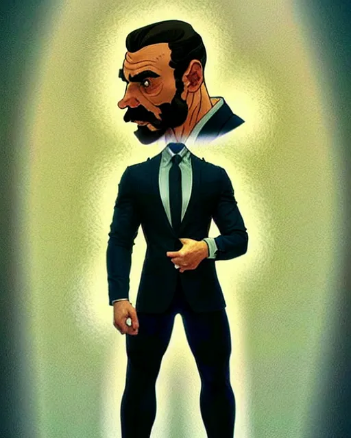 Image similar to gigachad luigi bodybuilder in a expensive suit by ilya kuvshinov, ernest khalimov body by krista sudmalis, fantasy character portrait, planet background by laurie greasley, ultra realistic, concept art, intricate details, elegent, digital painting, smooth, sharp focus, illustration, art by artgerm and greg rutkowski and alphonse mucha, artstation