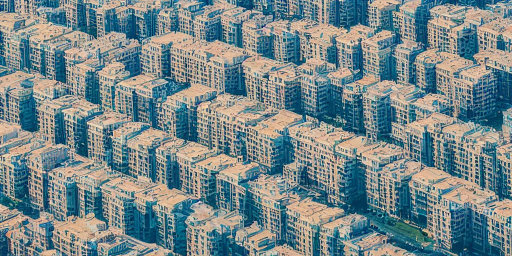 Prompt: bird's eye view photograph of a low income highrise geometric Russian city, apartments, train station, avenues. Square with a statue of leader