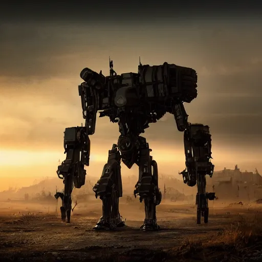 Prompt: A large mech full body, facing forward bleak tone, post apocalyptic setting, Nuttavut Baiphowongse, Mark Armstron, amad, rendered by octane, 8k, ultra 8k, hyper realistic, photorealistic, photo