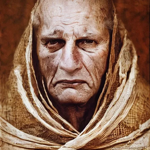 Prompt: portrait of an expressive face of an old medieval knight by annie leibovitz