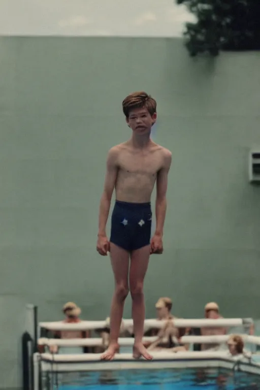 Image similar to close up still shot of jacob lofland standing on the diving board, summer olympics footage, 3 5 mm, highly detailed, color photo, cinematic lighting, symmetrical, center