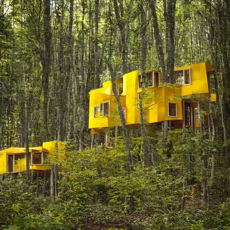 Image similar to a tiny tiny house in a light forest, designed by Frank Gehry. Tiles. Film grain, cinematic, yellow hue