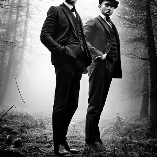 Prompt: medium long shot, 3 / 4 shot, full body picture of cillian murphy and tom hardy posing, sharp eyes, serious expressions, in the style of peaky blinders, detailed, black and white, misty woods, epic photo by talented photographer ansel adams