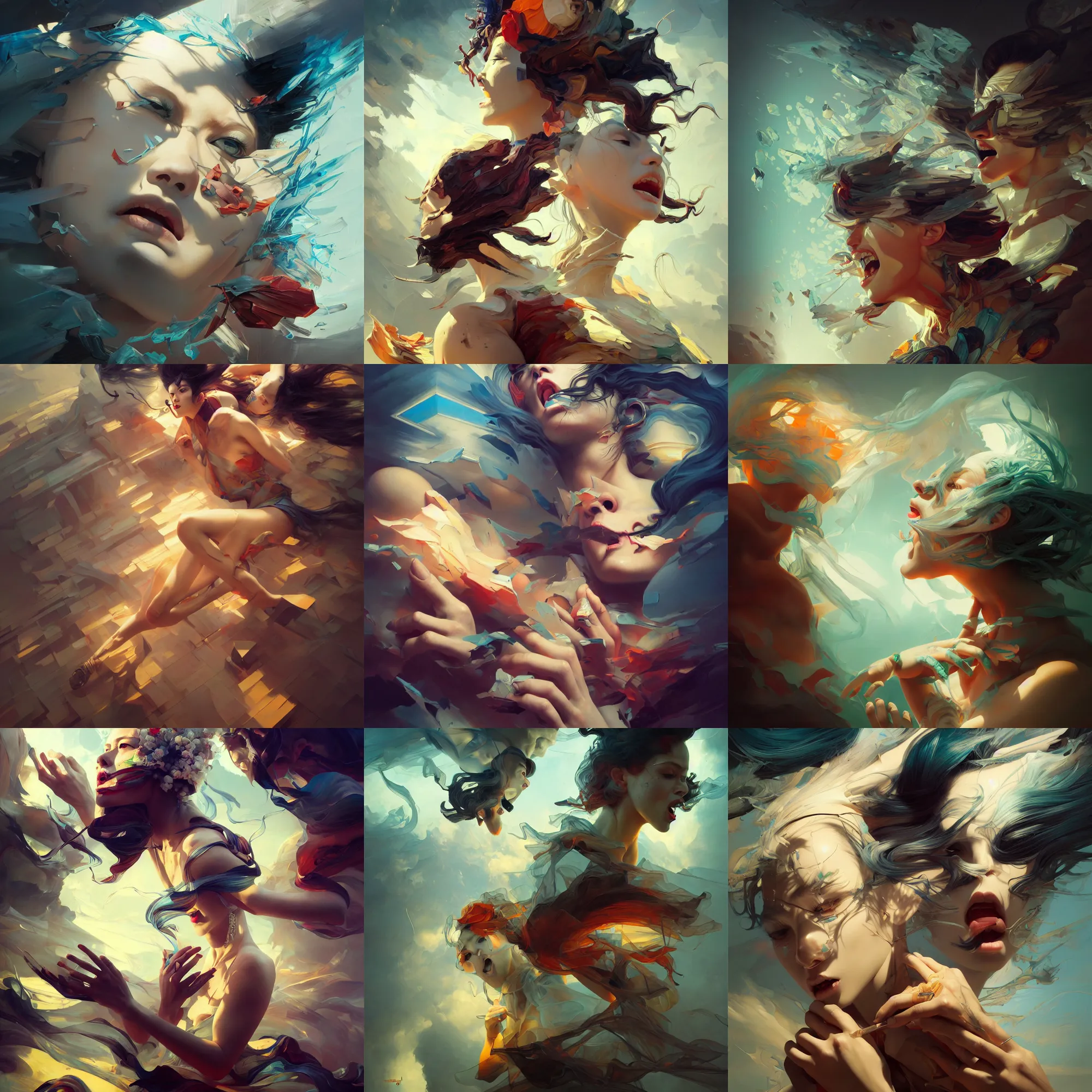 Prompt: memories of screaming distance, abstract oil painting, bold shapes, hard edges, street art, intricate, highly detailed, digital painting, artstation, cgnode, concept art, smooth, sharp focus, dramatictic lighting, art by huang guangjian and gil elvgren and sachin teng