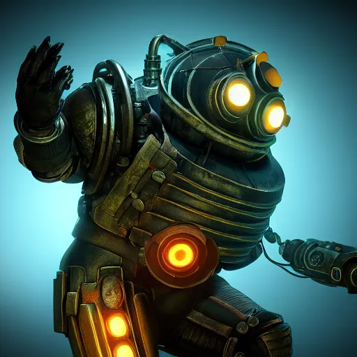 Image similar to isaac clarke as a bioshock big daddy, unreal engine 5, bioshock deadspace, high detail 3 d render,