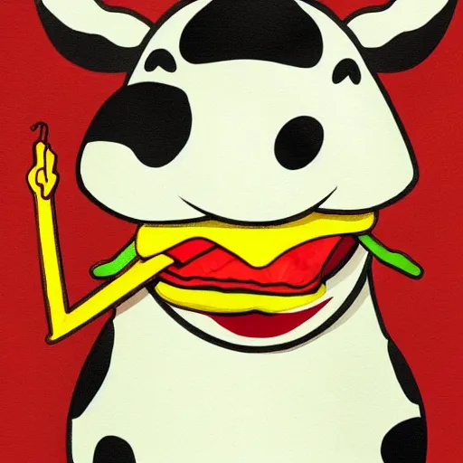 Prompt: a happy cow eating a cheeseburger, high art