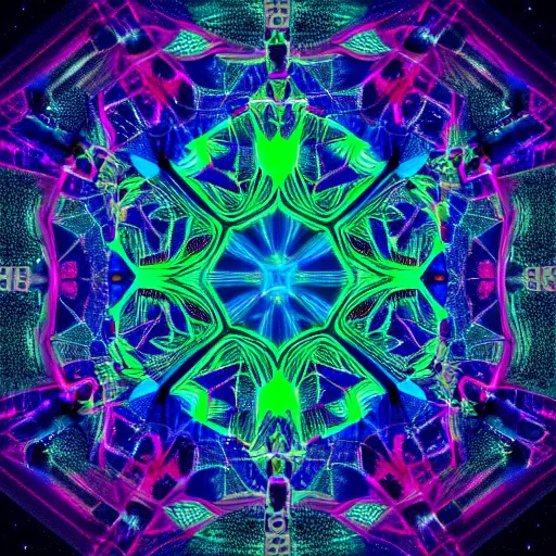 Image similar to a photo of a distant nebular in space with geometric kaleidoscopic pattern of neon colors trending 4 k intricate digital art