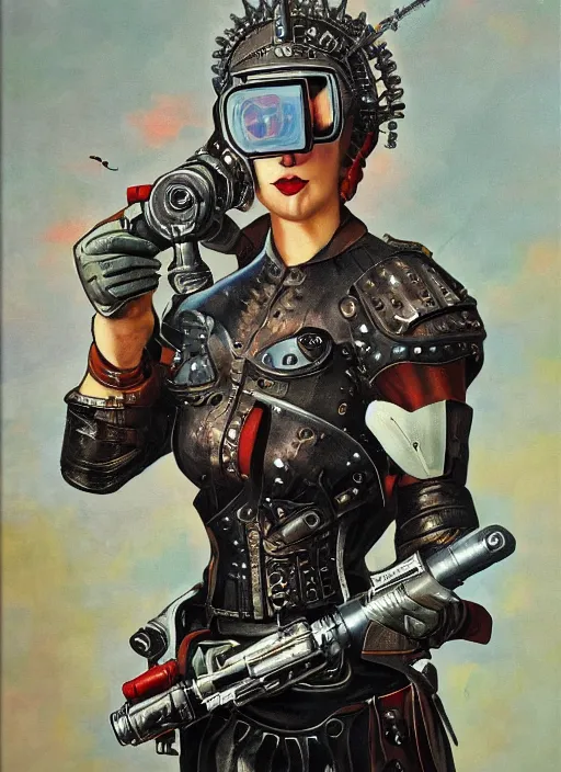 Prompt: a woman in leather armor holding a raygun blaster, vintage Raypunk painting, life like, intricate detail, 4K HD