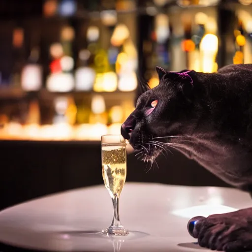 Image similar to a photo of a panther drinking expensive champagne in a fancy dark bar, mood lighting, f 1. 8, iso 1 6 0 0