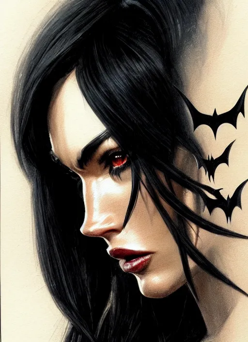 Image similar to portrait of megan fox as a evil demon, hornes, batwings, hell, jewelry, greek, dark, intricate, headshot, key visual, conceptart, ambient lighting, highly detailed, digital painting, artstation, concept art, sharp focus, by makoto shinkai and akihiko yoshida and greg manchess