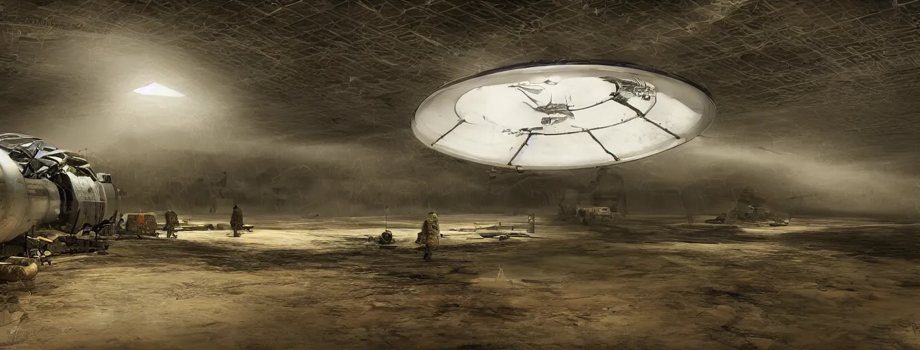 Image similar to engineer repairs special flying saucer full of modern military equipment, in the hall of area 55, high detail, ground fog, wet reflective ground, saturated colors, by James Paick, render Unreal Engine-H 704