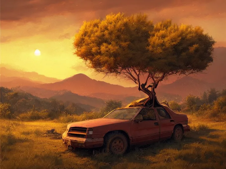 Image similar to low angle shot of tree growing inside scrap car in the foreground. overgrown. soft golden red sunset over the mountains in the background. clouds. detailed leaves. hyperrealistic, highly detailed, cinematic, beautiful, cgsociety, artstation, oil painting by greg rutkowski, by artgerm, by wlop