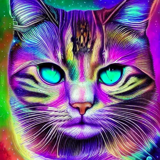 Image similar to a galaxy colored psychedelic chakra awakening kundalini ethereal portrait of a cat with her eyes closending to a higher plane of existence, eternal blessing, multiverse, by android jones, by ben ridgeway, visionary art, by artgerm, featured on artstation, cgsociety, by greg rutkowski