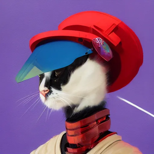 Prompt: a half robot cat wearing a hat medium shot, asymmetrical, profile picture, organic painting, nebula, matte painting, bold shapes, hard edges, street art, trending on artstation, by huang guangjian and gil elvgren and sachin teng