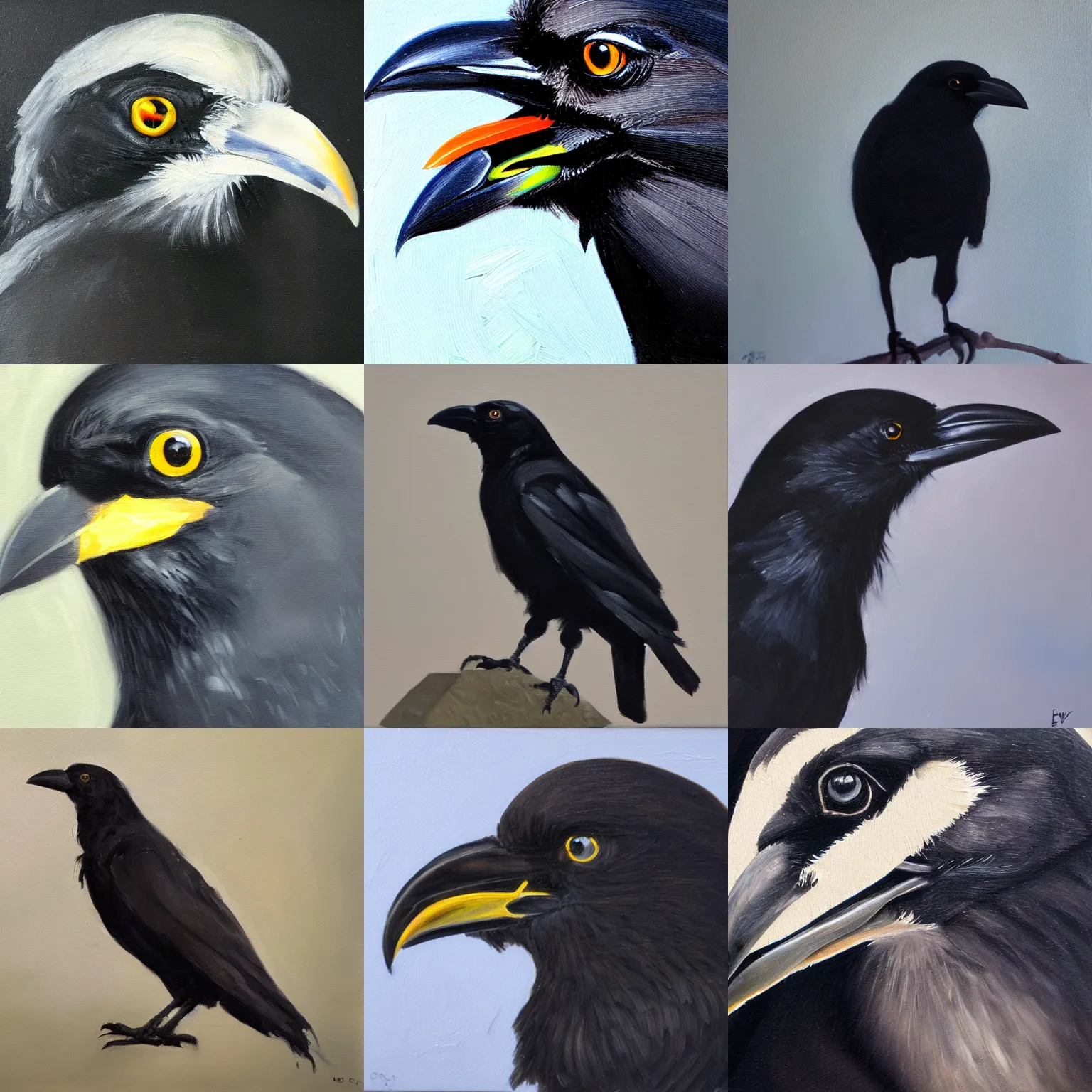 Image similar to closeup of a crow, oil paint