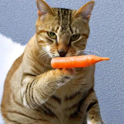 Image similar to big tabby cat with white paws biting a carrot 3D