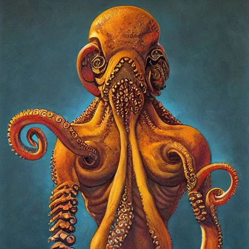 Image similar to torso portrait of an humanoid octopus warrior, by Gerald Brom on Artstation