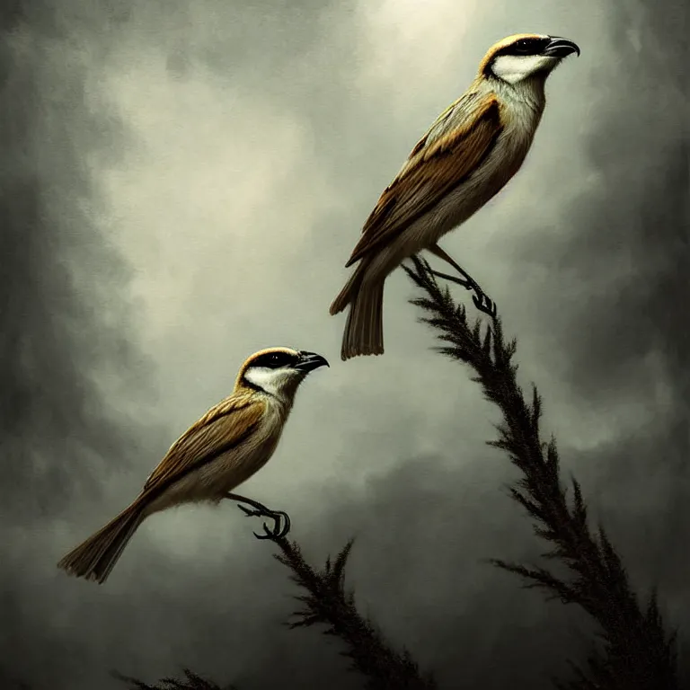 Image similar to epic professional digital art of startling thorned shrike, faint golden moody atmospheric lighting, painted, intricate, detailed, detailed, foreboding, by leesha hannigan, wayne haag, reyna rochin, ignacio fernandez rios, mark ryden, iris van herpen,, epic, stunning, gorgeous, much wow, cinematic, masterpiece.