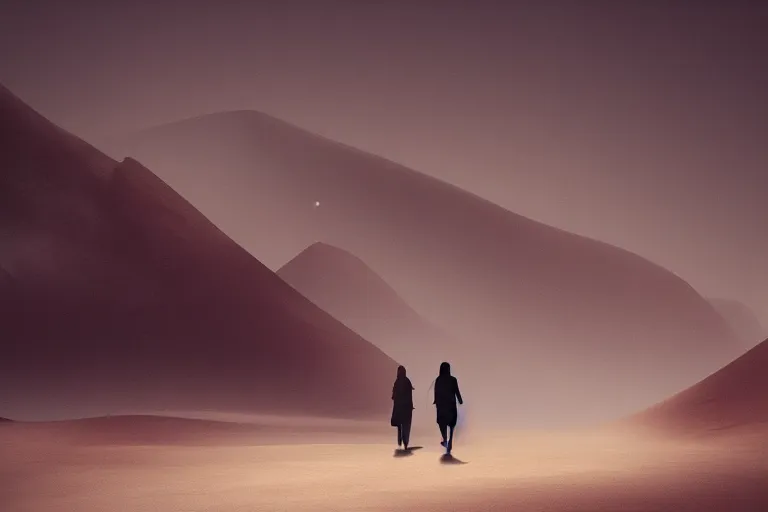 Prompt: a shadowy man and a beautiful pale woman with long black hair walk across the desert with mist in the background, extremely detailed, concept art, trending on artstation,