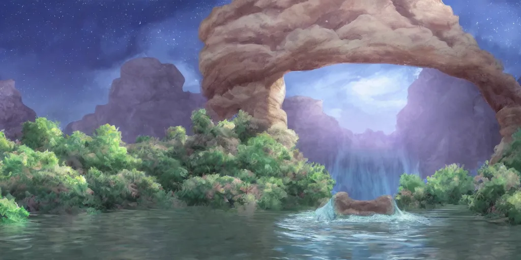 Image similar to a cell - shaded studio ghibli concept art study of an arizona rock arch time portal in a flooded desert on a misty starry night. a waterfall is flowing out of the portal. very dull colors, hd, 4 k, hq