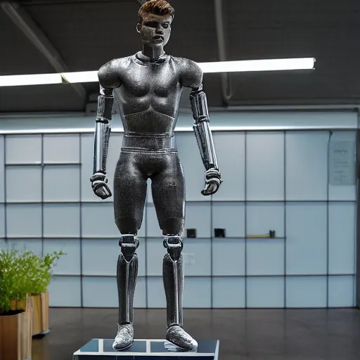 Image similar to a realistic detailed photo of a guy who is an attractive humanoid who is half robot and half humanoid, who is a male android, soccer player timo werner, shiny skin, posing like a statue, blank stare, by the pool, on display, showing off his muscles, humanoid robot, frozen ice statue, made of ice