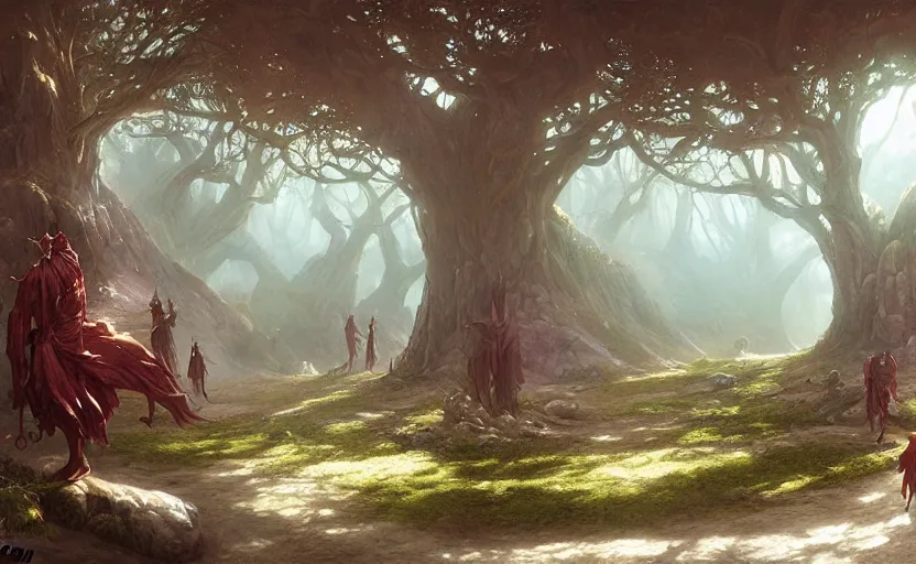 Image similar to magic forest with mage elves, matte painting by christophe vacher and marc simonetti.