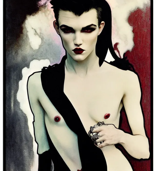 Image similar to stunning portrait of highly details androgynous ruby rose as desire from sandman, rockabilly style, by ego shield, by alphonse mucha, by jeremy mann, by peter lindbergh, dave mckean, by maurice sapiro, by frank moth, white suit and black tie, soft lightning, high detailed, 8 k