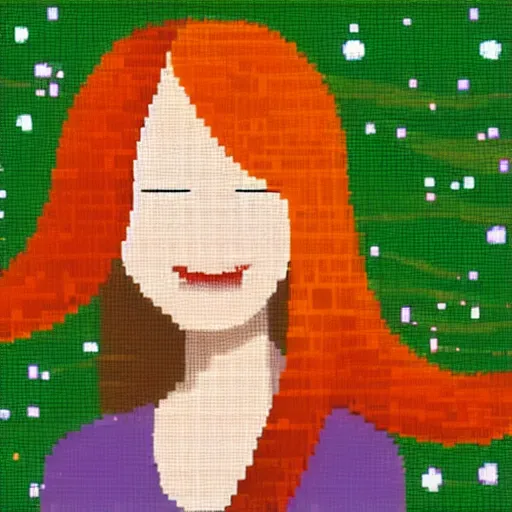 Prompt: portrait of a red haired girl softly smiling among fireflies, with long hair, green eyes, round face, hint of freckles, colorful pixel art