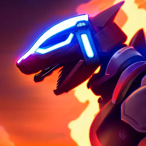 Image similar to highly detailed cinematic shot of a mecha canine, sharp claws, sleek armor, glowing visor, charging through city, digital art, furry art, furaffinity, deviantart, dragon art