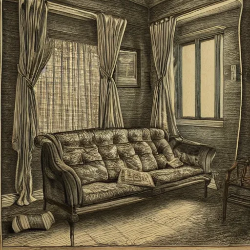 Image similar to a hybrid between a couch and a house,, insanely detailed, studio light, gustav dore, colored pencil
