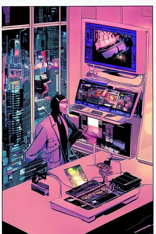 Prompt: a comic book illustration of an android interfacing with a computer console, the console is tall and imposing, there are many cables on the floor, bright screens, ghost in the shell, cyberpunk, neon colors, art by Moebius