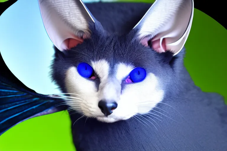 Image similar to a blue - and - black male heterochromatic catbat fursona with blue / green heterochromatic eyes ( differently - colored eyes, one green, one blue ) and huge bat ears, photo of the catbat streaming on his computer