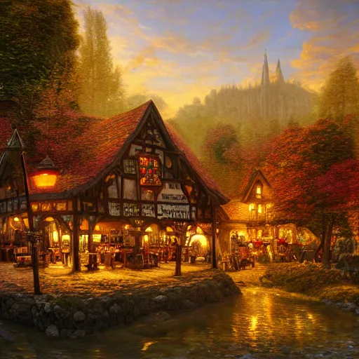 Prompt: hovering medieval pub in a forest during the golden hour in autumn, highly detailed 4K fantasy matte painting by Thomas Kinkade, ArtStation, CGSociety, Unreal Engine