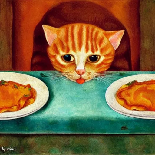 Image similar to fat orange tabby cat eating lasagna on a table, afternoon, by frida kahlo, neighborhood outside window