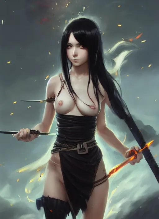 Image similar to Portrait of Anime girl with black hair, she is carrying a burning sword with two hands, wearing metal armor around her chest and waist, realistic, detailed, 4k by Greg Rutkowski Mark Arian trending on artstation