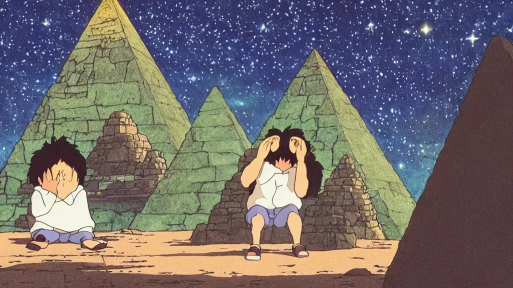 Prompt: a movie still from a studio ghibli film showing a huge dwarf meditating. a pyramid is under construction in the background, in the rainforest on a misty and starry night. a ufo is in the sky. by studio ghibli