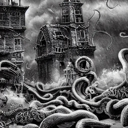 Prompt: kraken destroys a medieval town in the style of kentaro miura, 4 k, 8 k, absolute detailing of even the smallest details and particles, beautiful shadows, beautiful art, black and white drawing